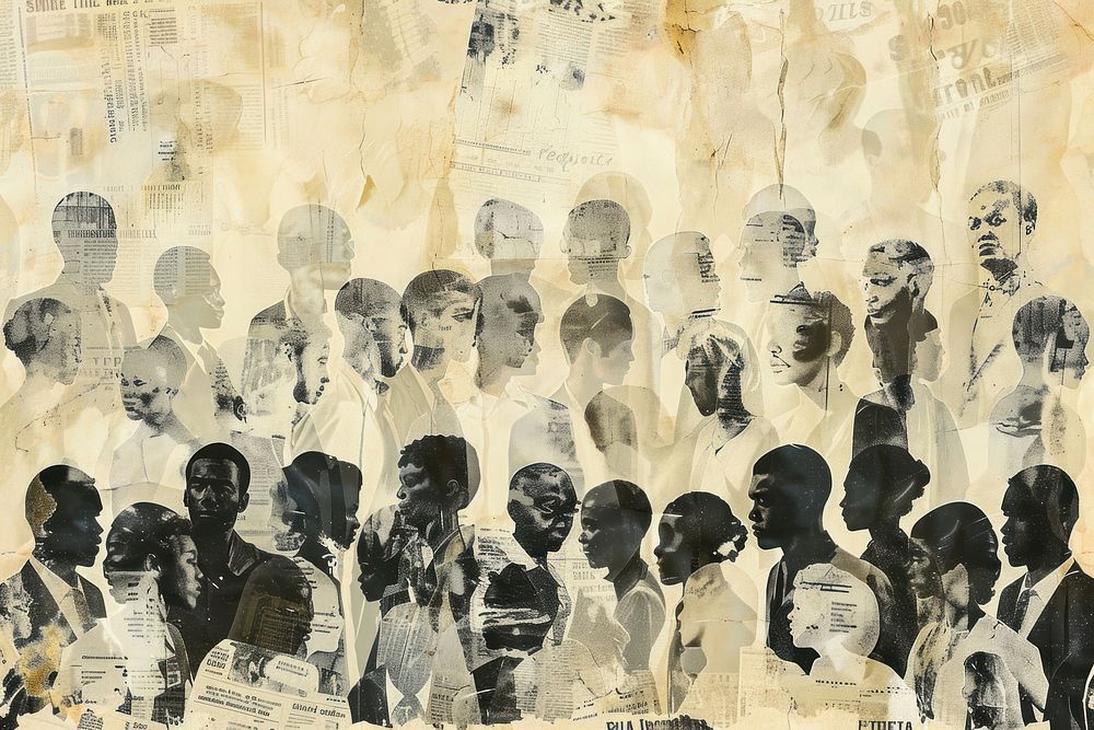Crowd of diverse people black faces ephemera border collage backgrounds drawing.