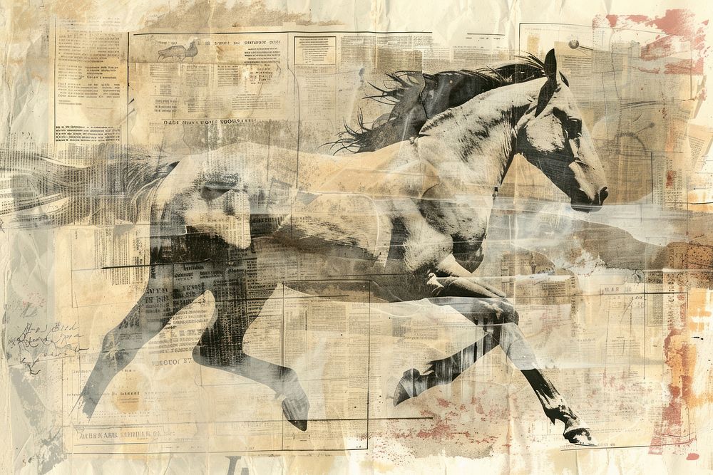 Japanese ink horses ephemera border painting drawing animal.