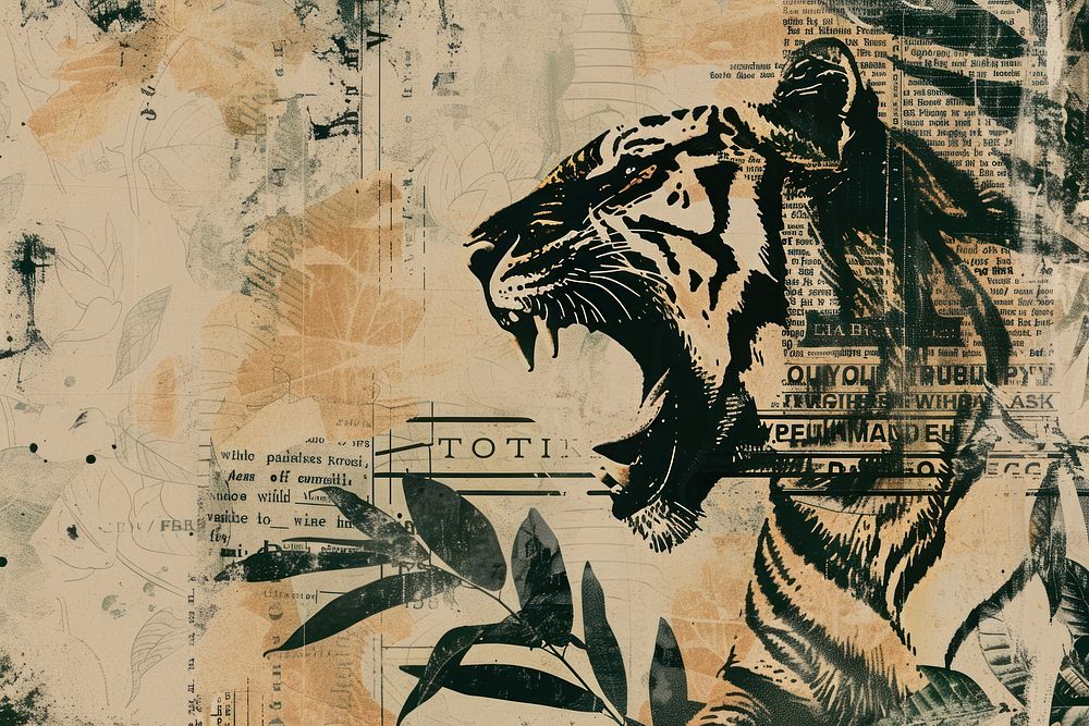 Tiger roaring ephemera border backgrounds drawing collage.