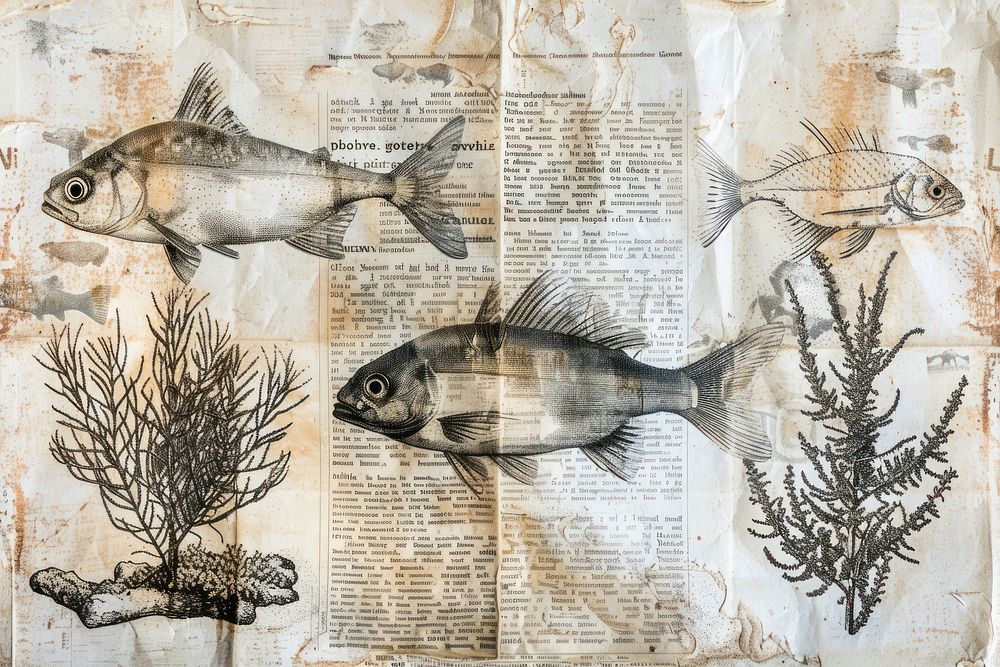 Fish coral reef ephemera border newspaper drawing animal.