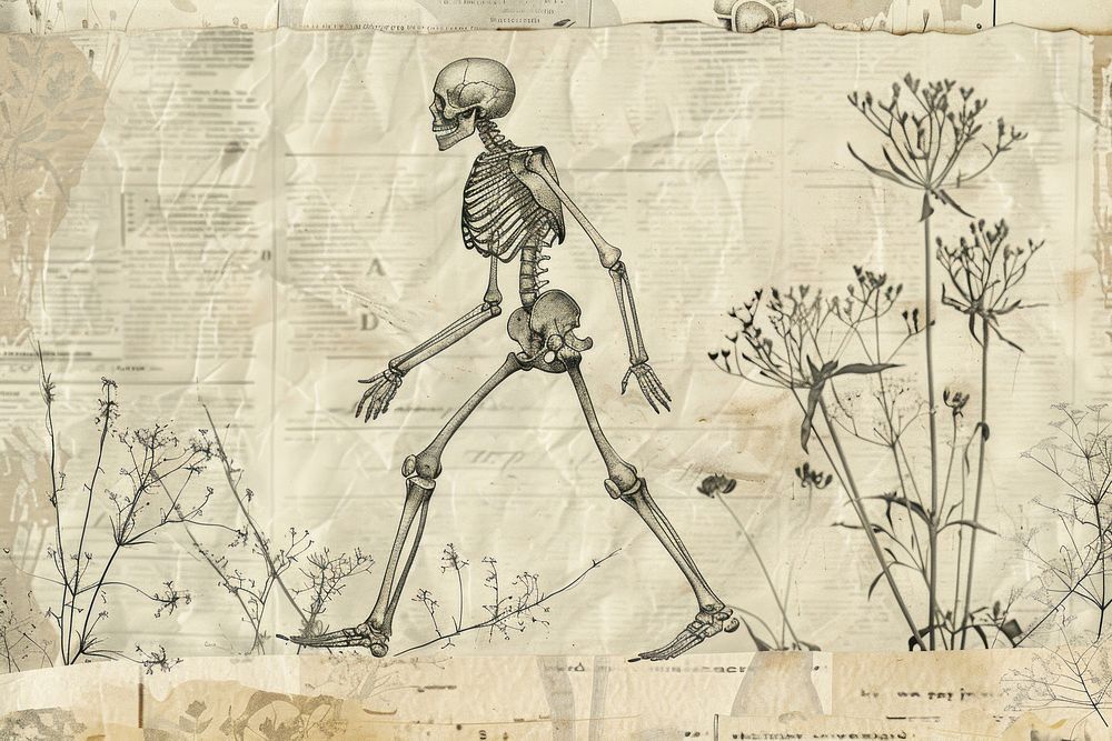 Skeletons walking ephemera border drawing sketch paper.