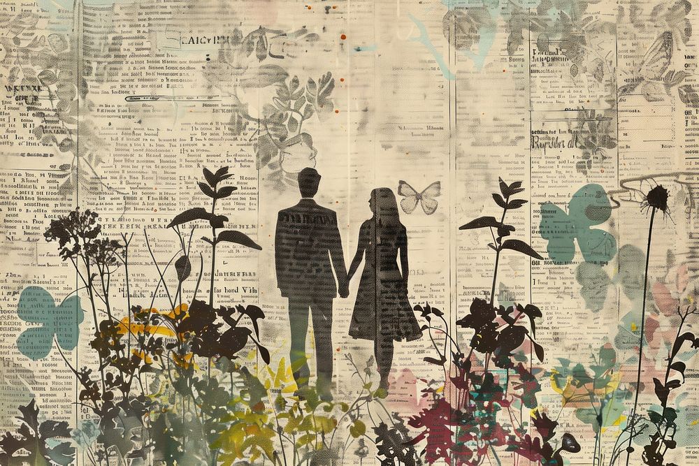 Couple holding hands ephemera border backgrounds drawing collage.
