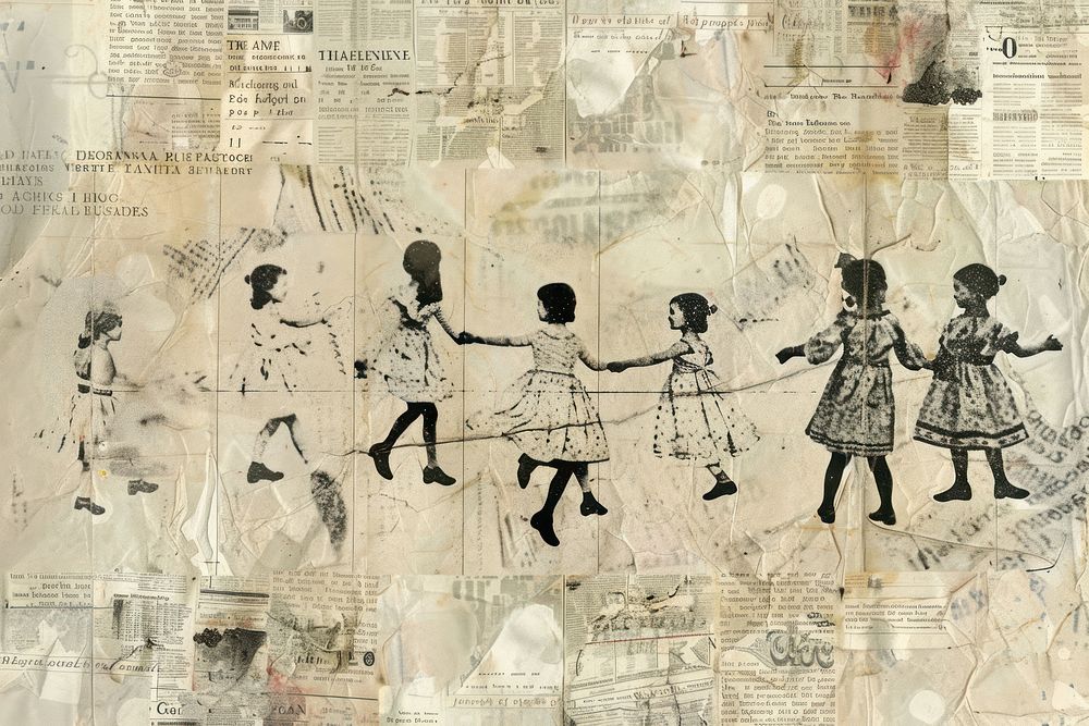Children dancing ephemera border drawing collage paper.