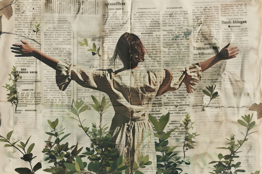 Woman arms stretched nature ephemera border newspaper plant text.