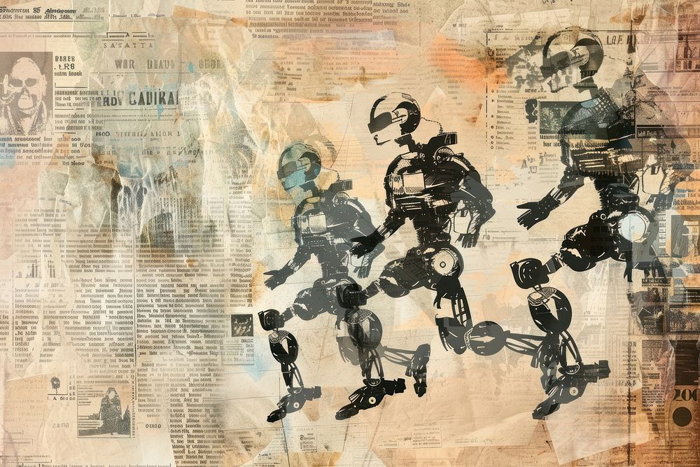 Robots using computers ephemera border backgrounds newspaper drawing.