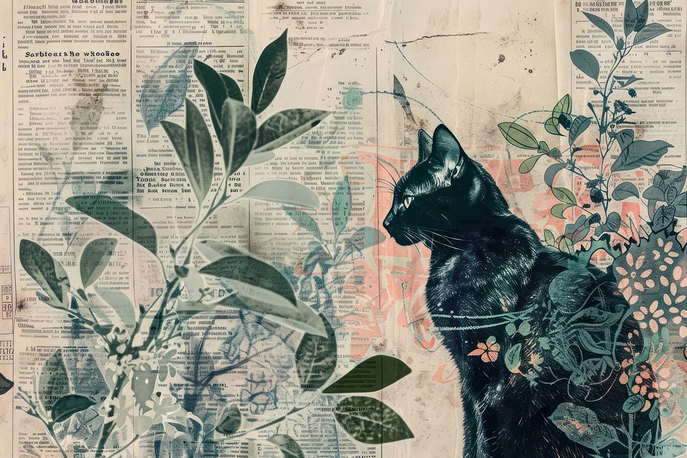 Neon cat ephemera border collage drawing animal.