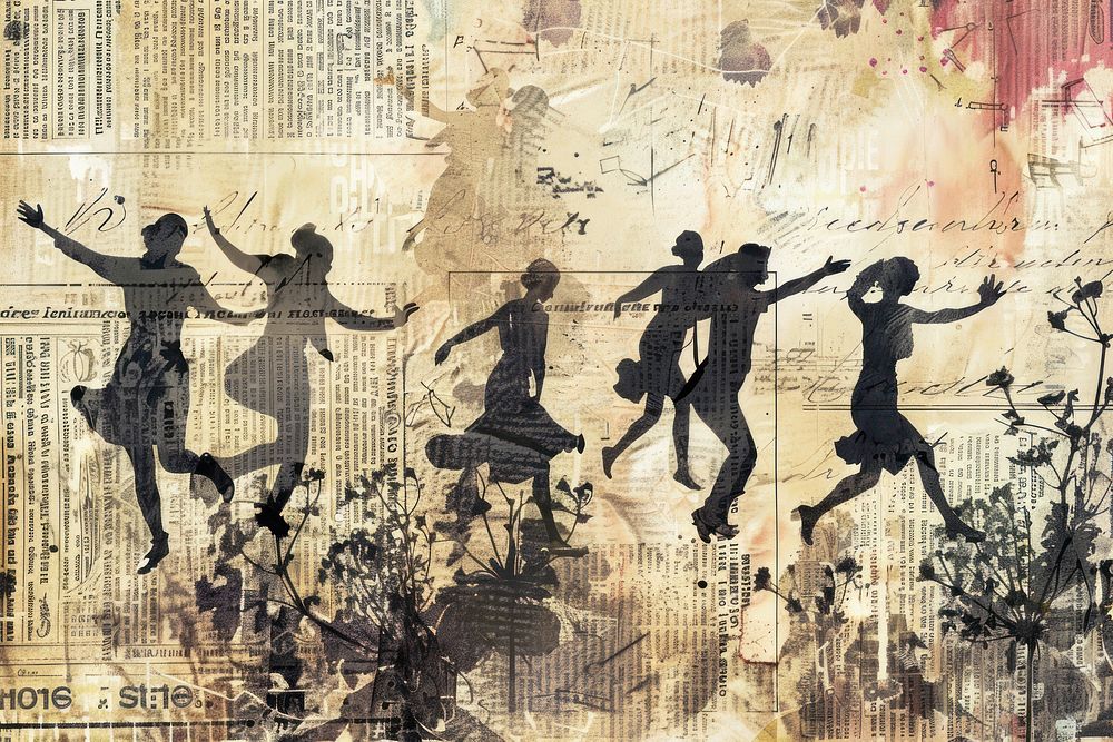 People dancing ephemera border collage backgrounds drawing.
