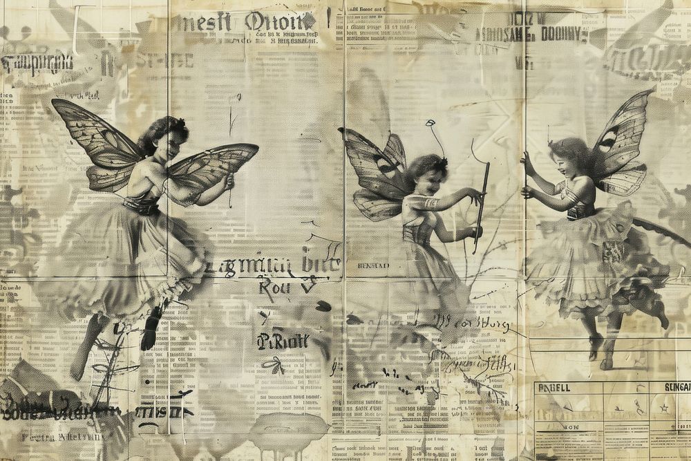 Fairies ephemera border backgrounds newspaper drawing.
