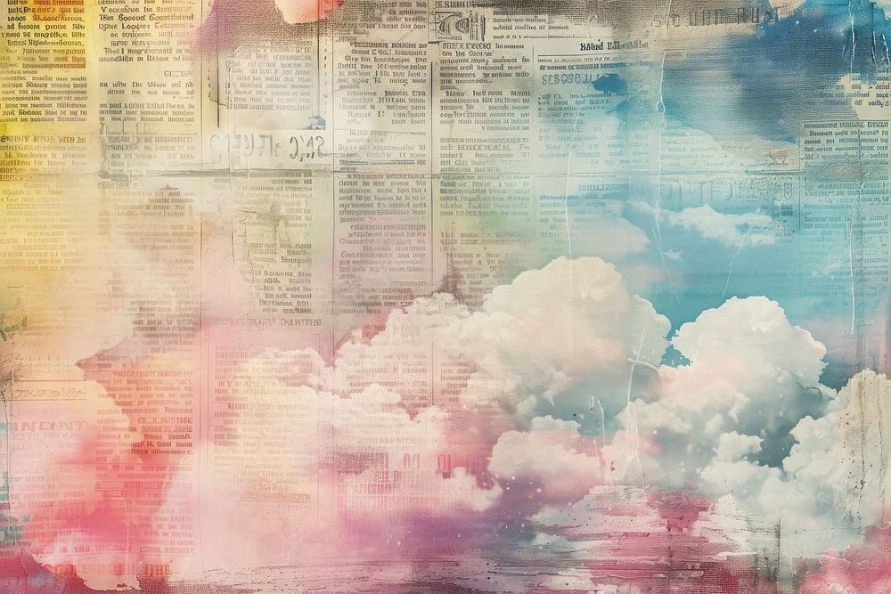 Rainbow clouds ephemera border backgrounds newspaper text.