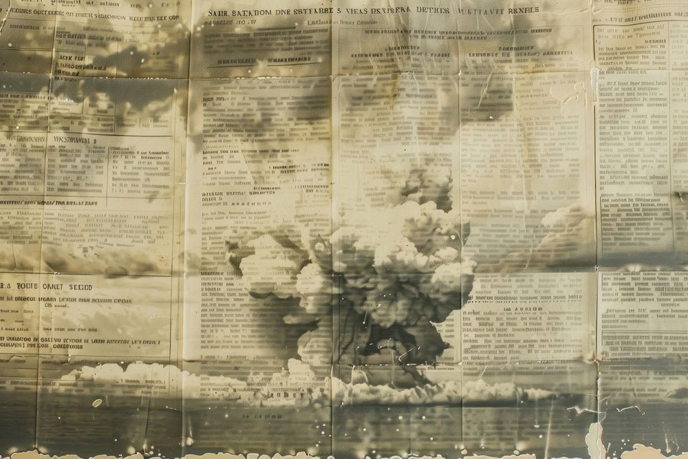 Atomic bomb ephemera border newspaper backgrounds text.