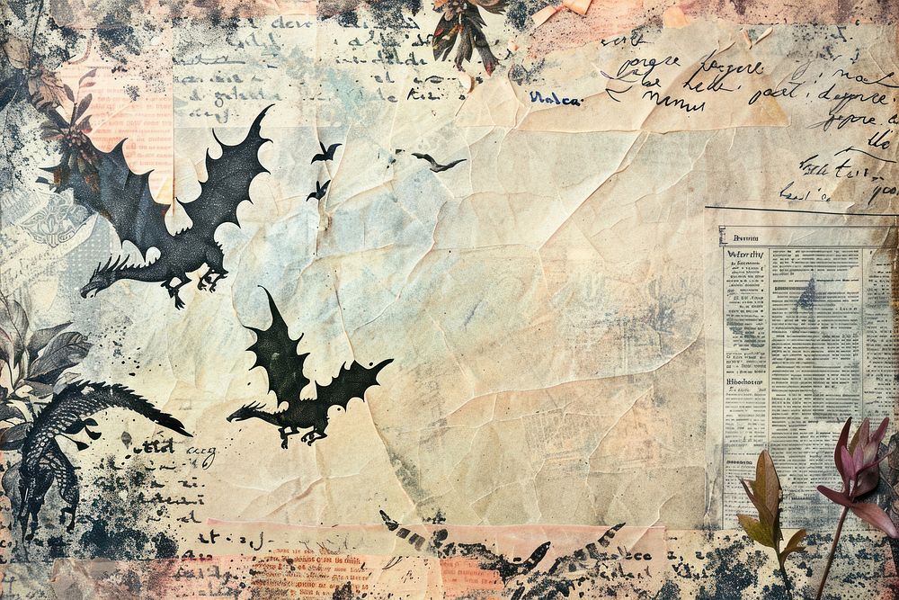 Dragons flying ephemera border backgrounds collage drawing.
