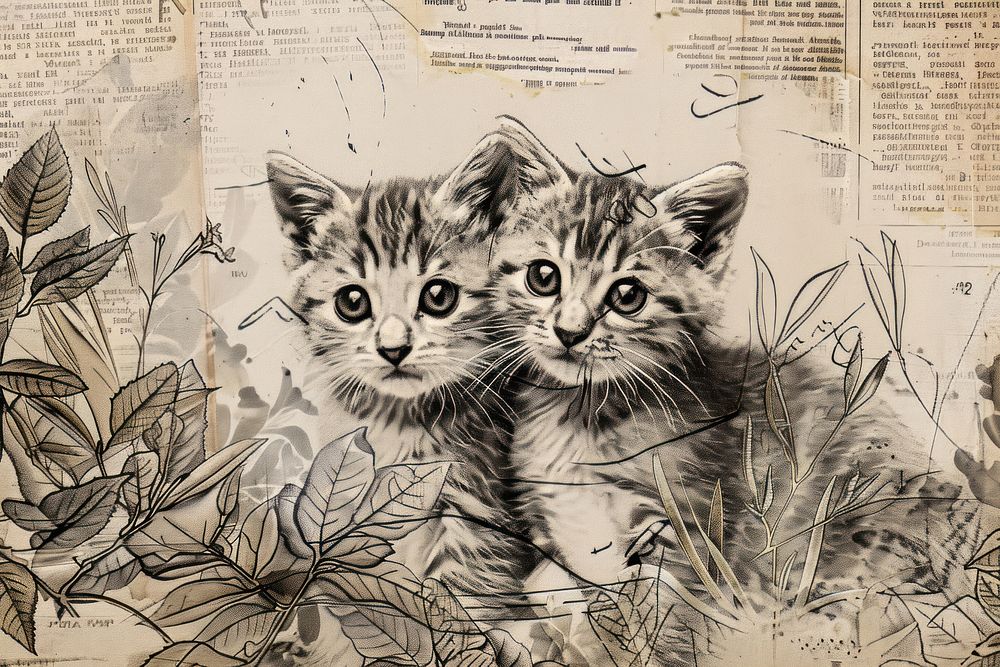 Cute kittens ephemera border drawing newspaper animal.