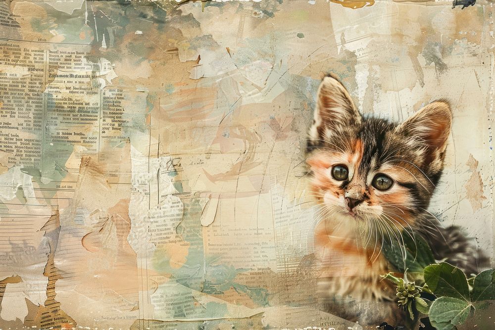 Cute kitten close up portrait ephemera border backgrounds painting collage.