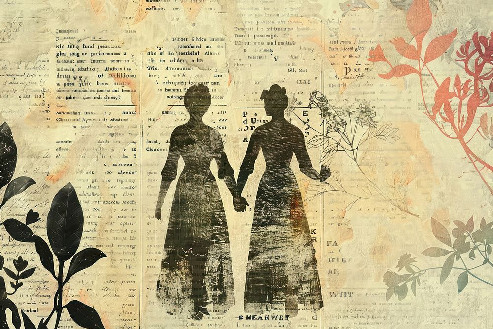 Lesbien women holding hands ephemera border drawing collage text.