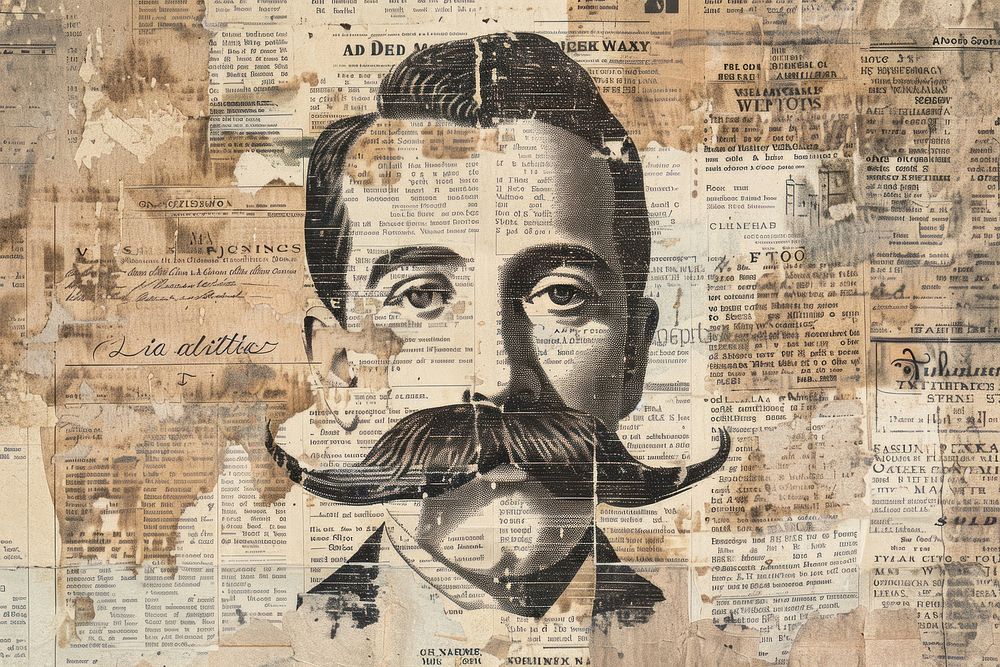 Close up victorian man moustache ephemera border newspaper drawing text.