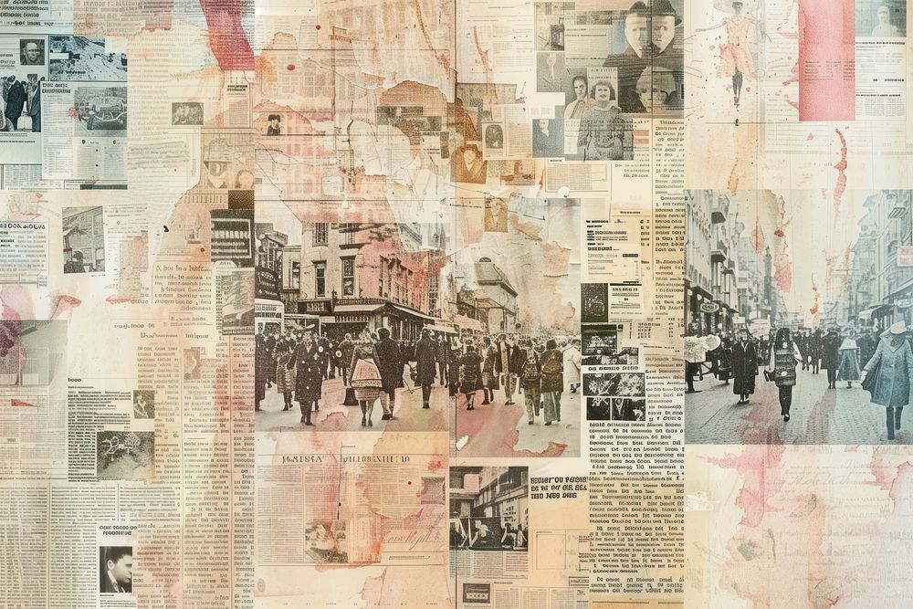 Crowded shopping scene ephemera border newspaper backgrounds collage.
