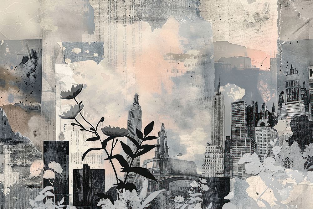 Future city ephemera border collage backgrounds painting.