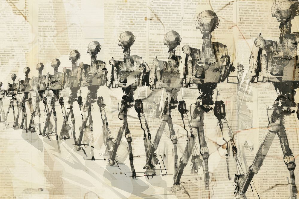 Robots crowd marching ephemera border backgrounds drawing art.