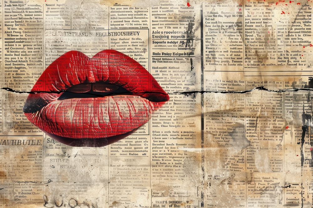Red lipstick ephemera border backgrounds newspaper text.