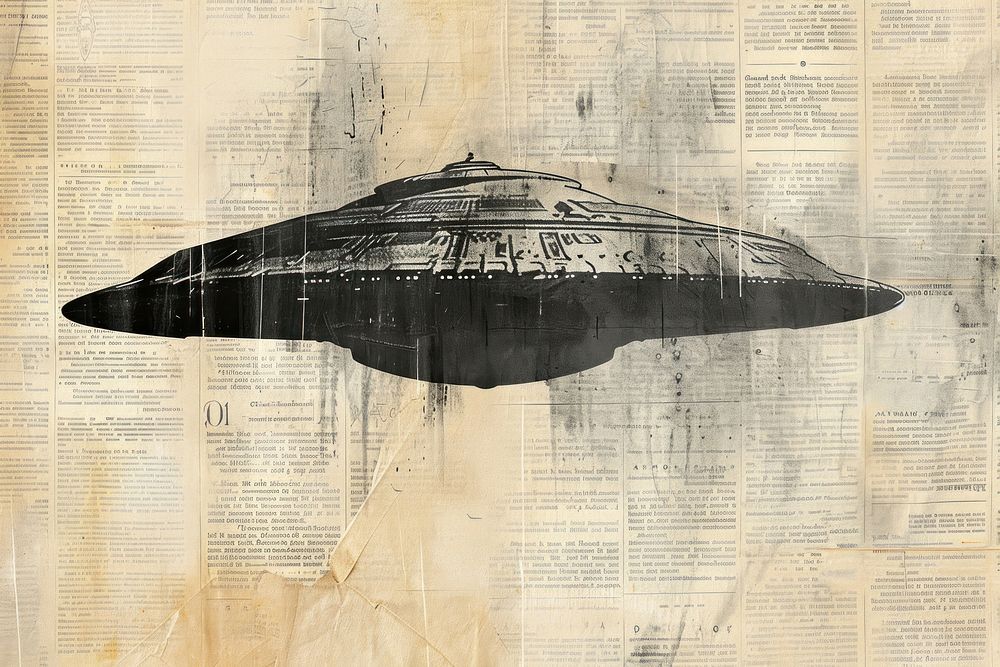 Tripod alien spaceship ephemera border newspaper airship drawing.