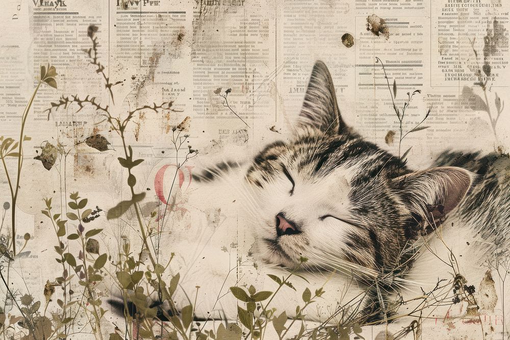 Cat sleeping ephemera border newspaper animal mammal.