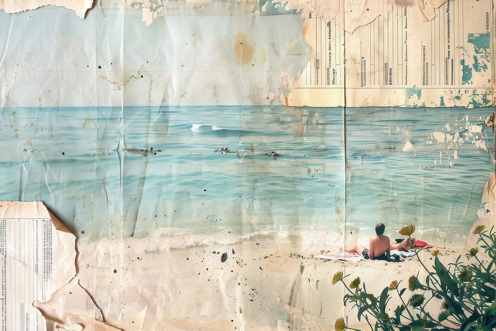 People beach sunbathing ephemera border backgrounds painting collage.