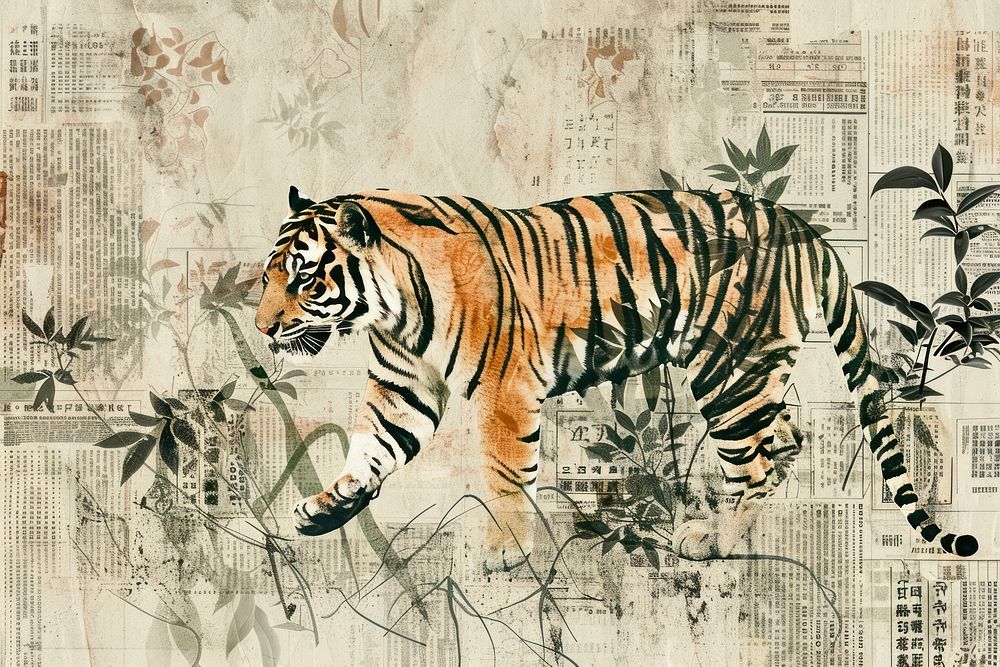 Tiger walking ephemera border backgrounds wildlife drawing.