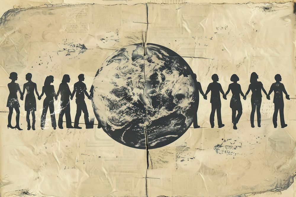 People holding hands around earth globe ephemera border drawing paper space.