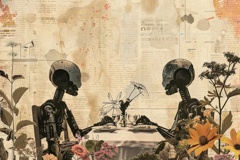 Robots having a dinner party ephemera border painting drawing collage.