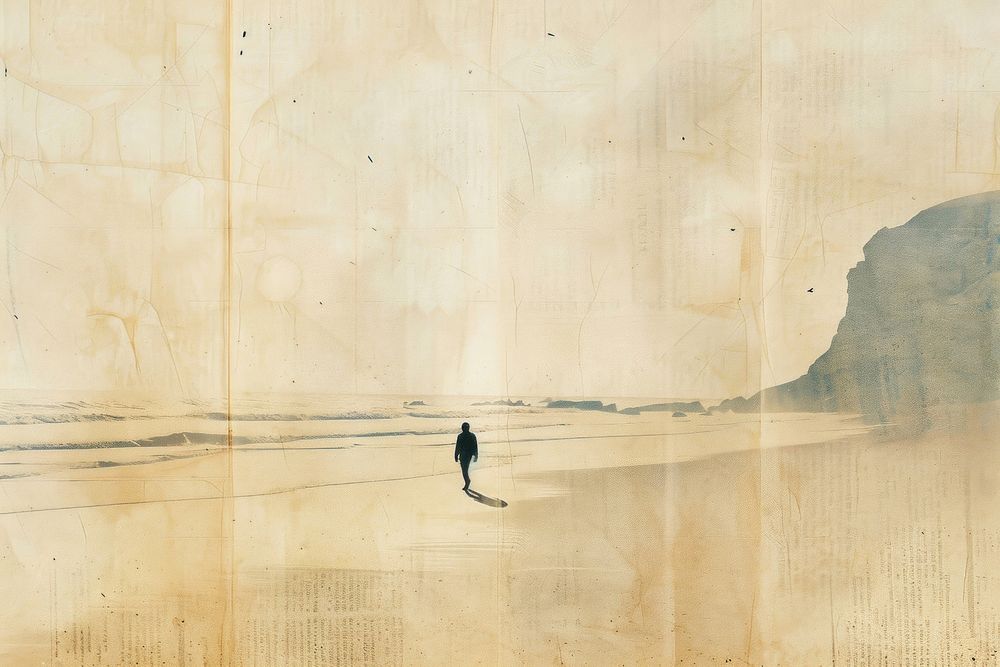 Person alone walking beach ephemera border outdoors painting drawing.
