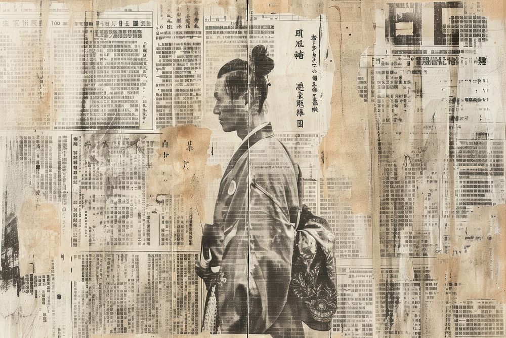 Samurai ephemera border backgrounds newspaper drawing.