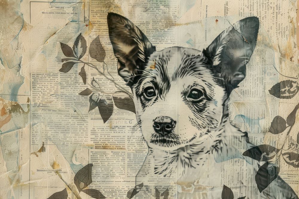 Cute puppies ephemera border newspaper drawing collage.