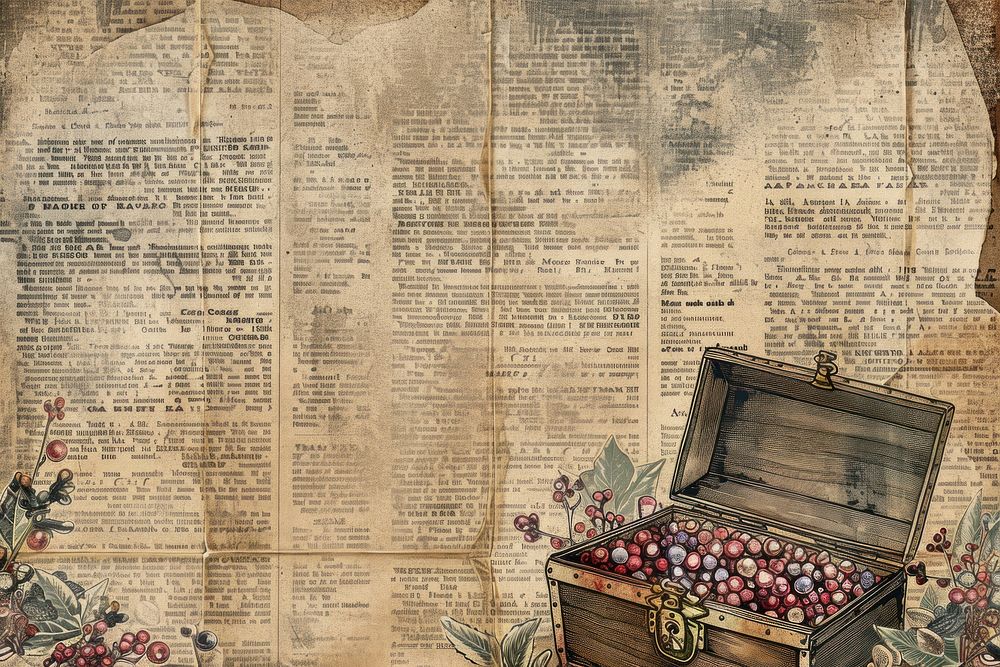 Treasure chest overflowing with gems ephemera border text backgrounds newspaper.