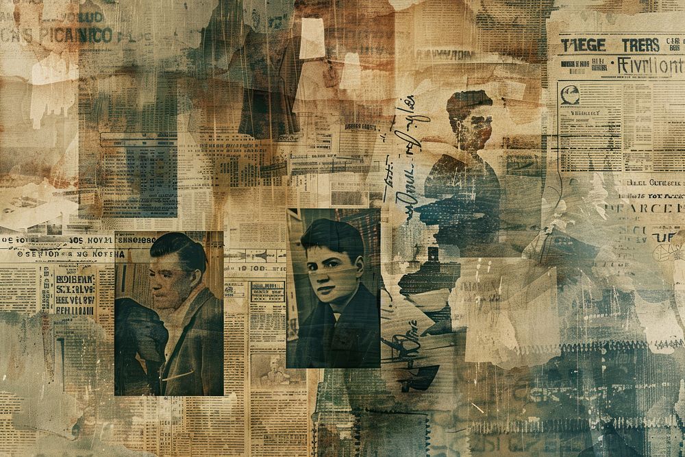 People in a movie theatre newspaper collage backgrounds.