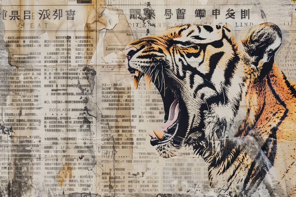 Roaring tiger pastel ephemera border text wildlife animal.