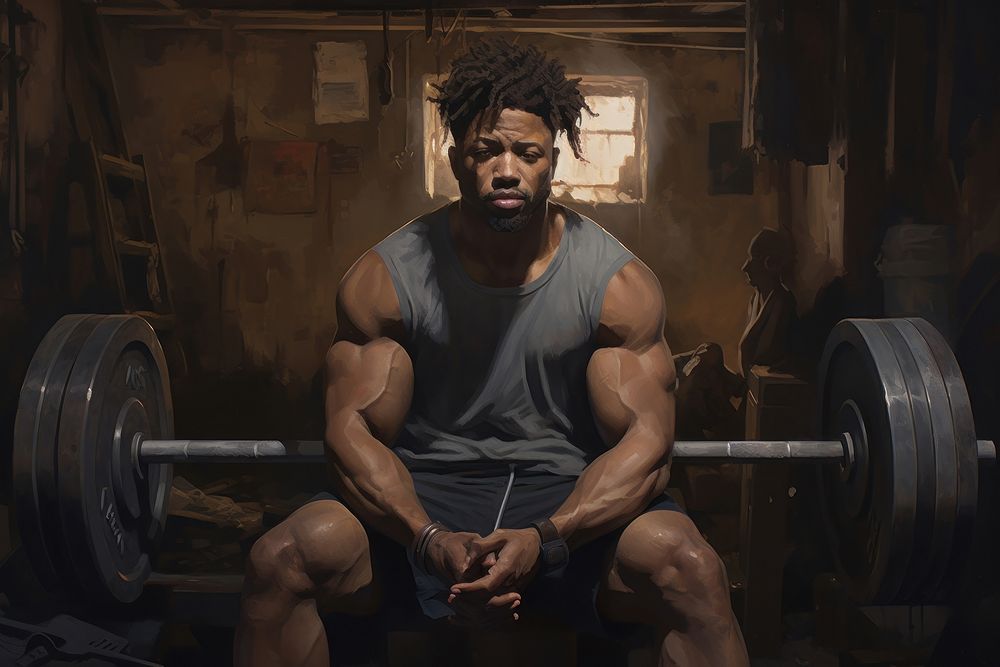 Gym weightlifting spotlight African American man.