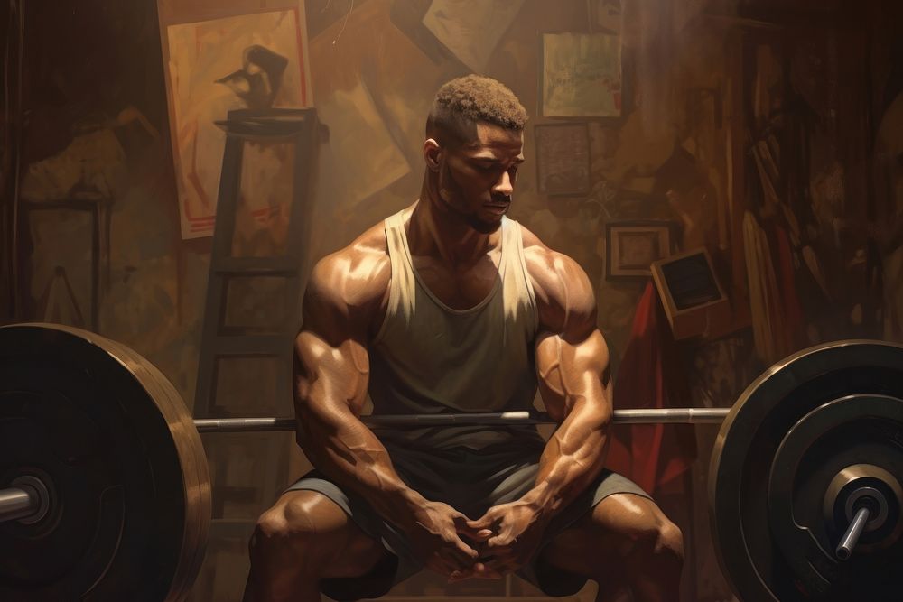 Gym weightlifting spotlight African American man.