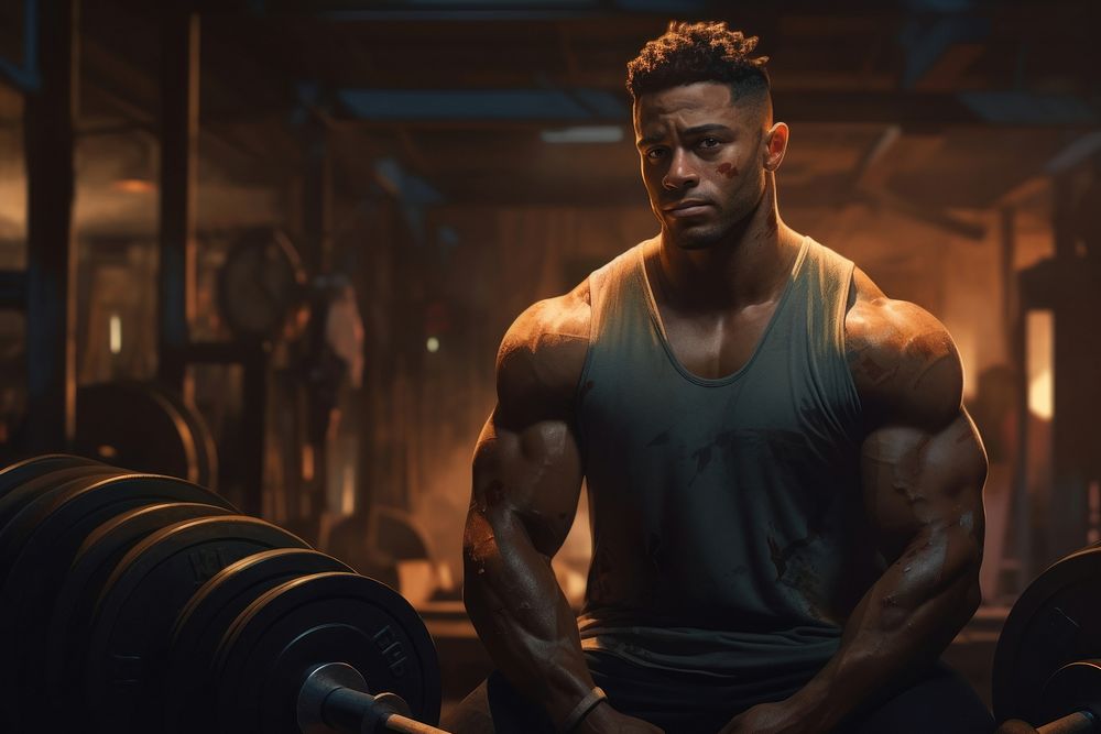Gym weightlifting spotlight African American man.