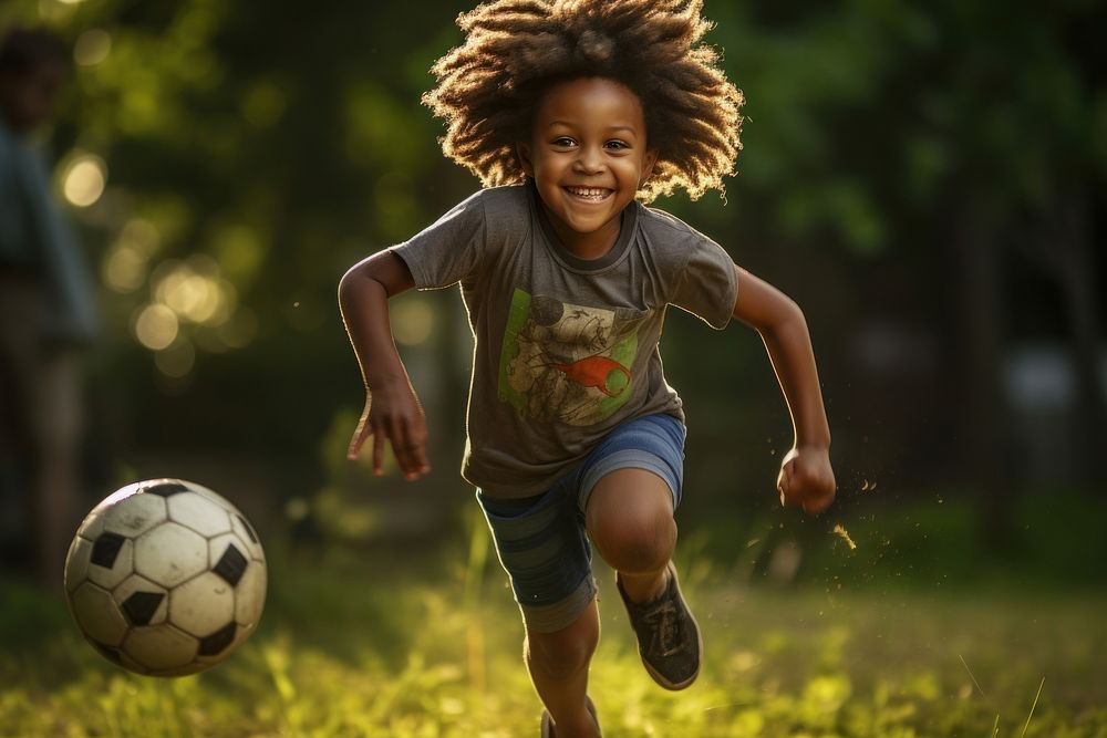 Black child soccer sports play.