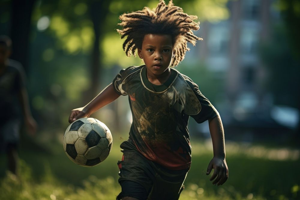 Black child soccer sports football.