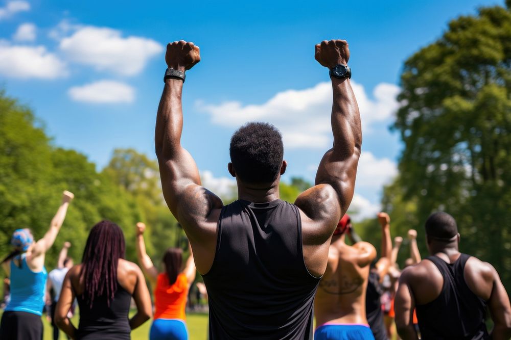 Black fitness community head celebrating triumphant.