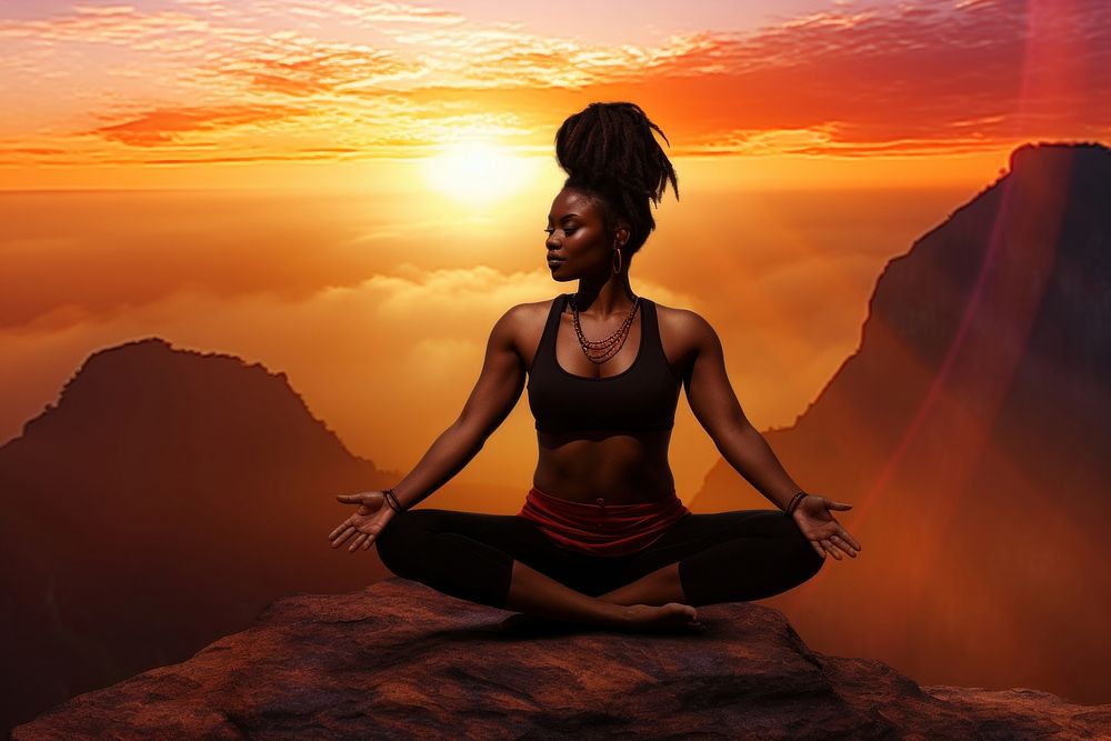 Black fitness woman yoga exercise sitting.