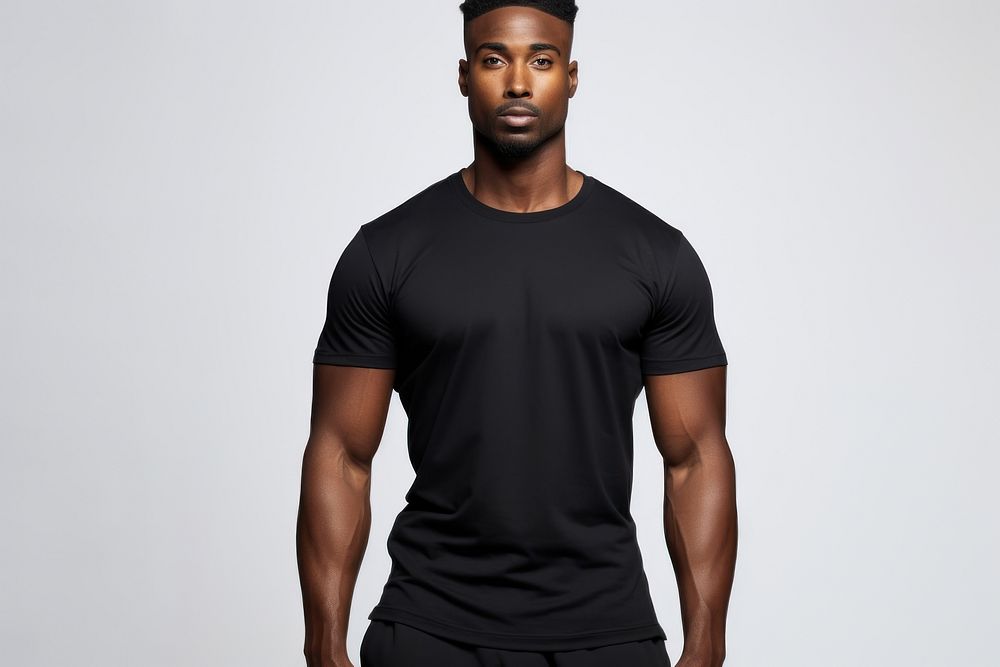 Black men fitness apparel clothing t-shirt sleeve.