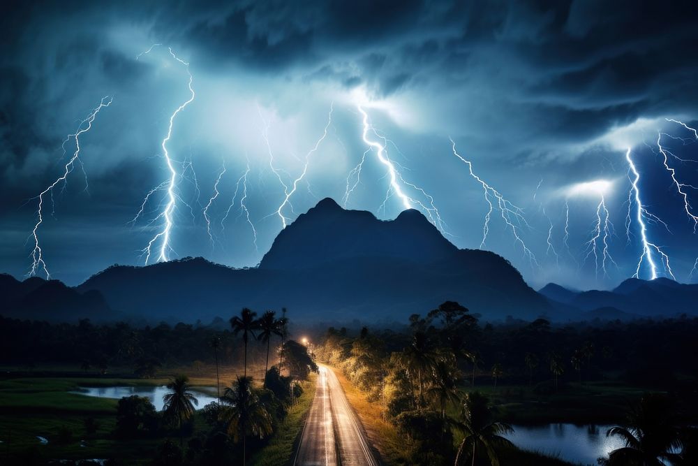 High voltage electricity storm thunderstorm lightning.
