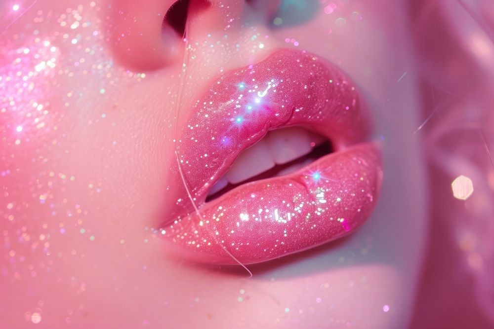 Lipstic put on woman mouth glitter pink cosmetics.