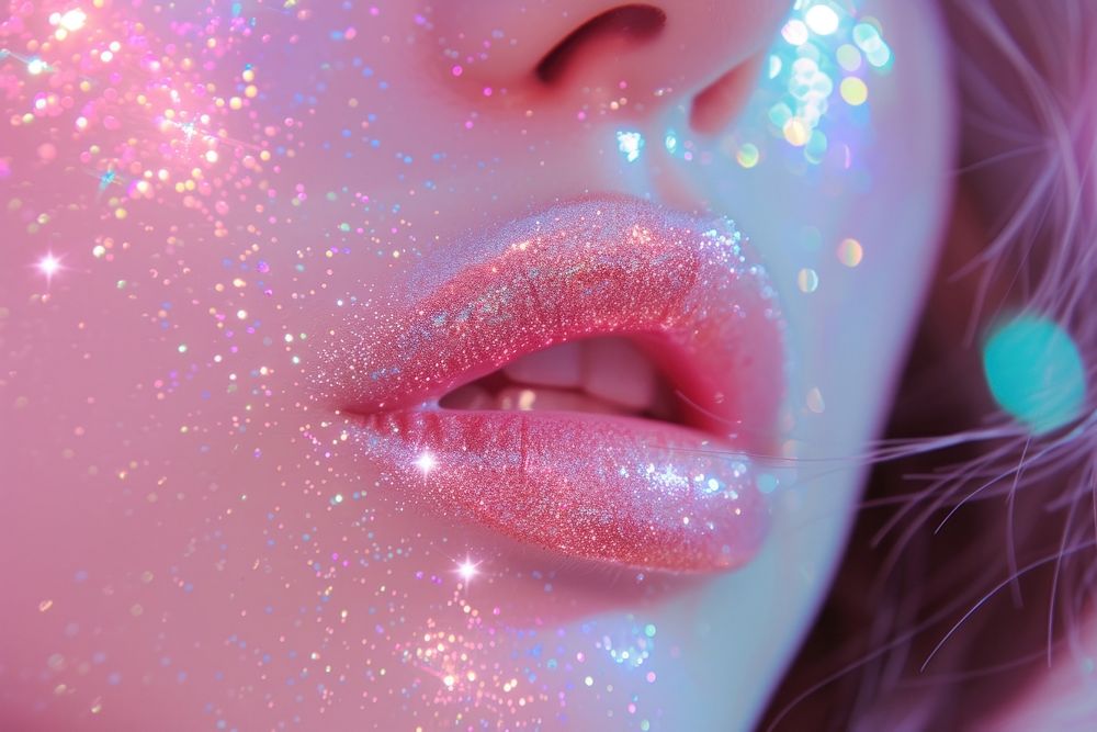 Lipstic put on woman mouth glitter pink illuminated.