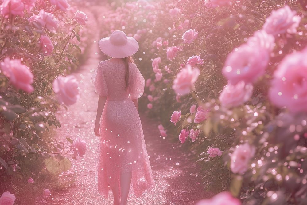 Woman walking in the rose garden outdoors blossom nature.