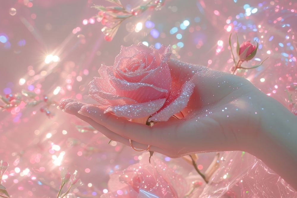 Hand holding rose glitter flower petal.