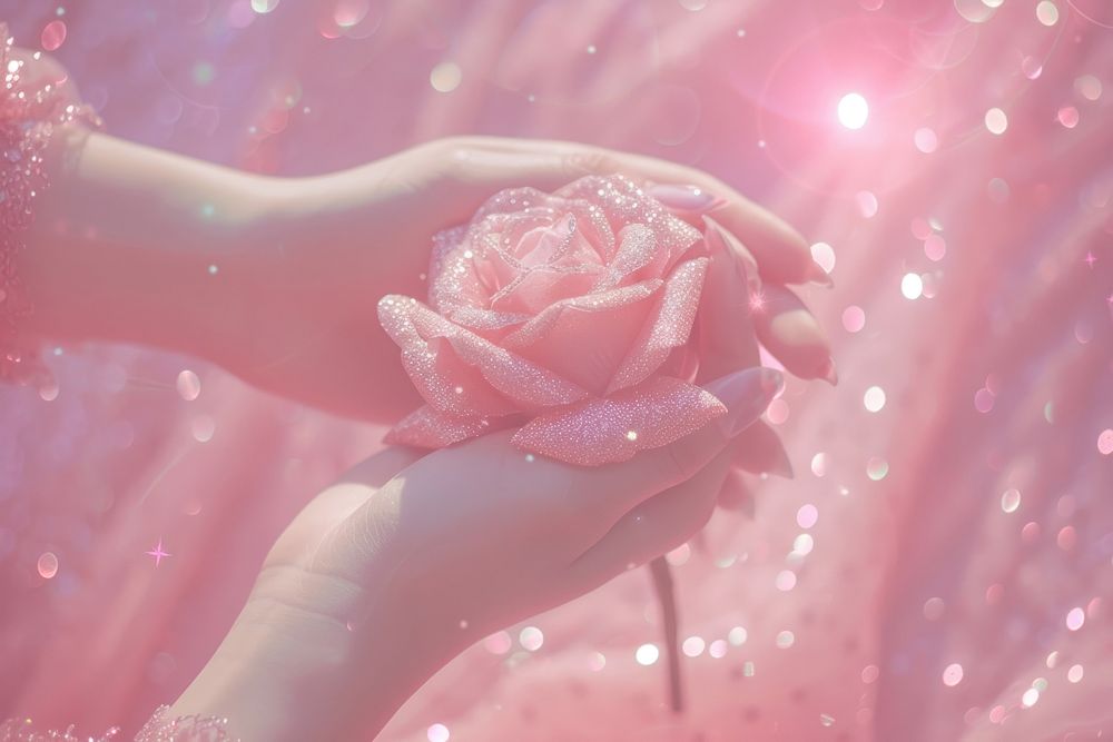 Hand holding rose flower petal plant.