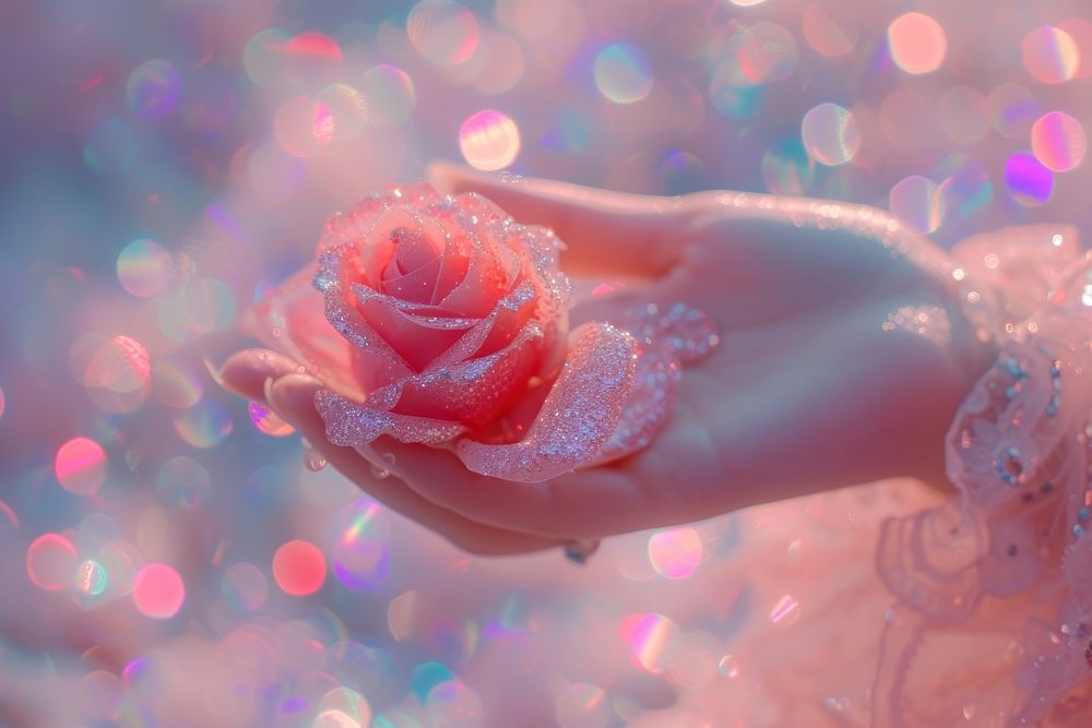 Hand holding rose glitter flower petal.